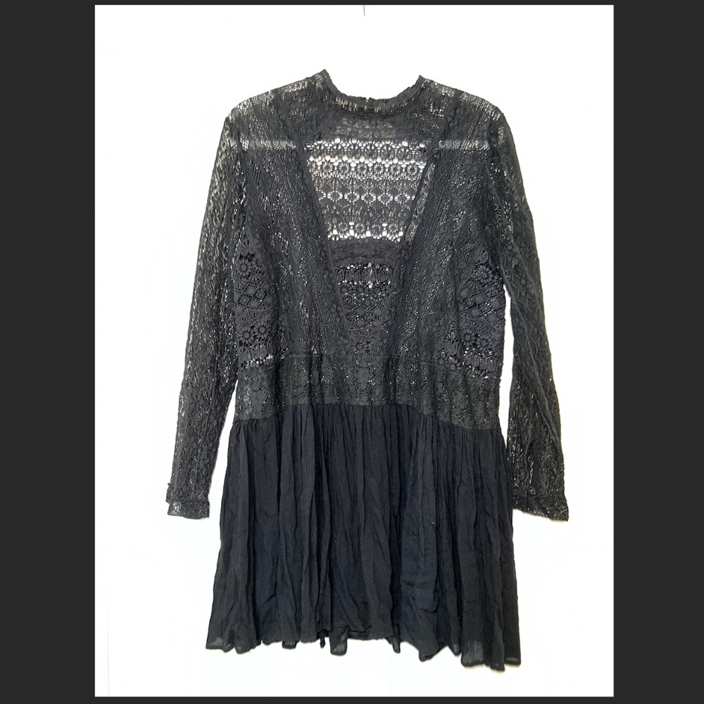 RARE Free People Black Pirouette Long Sleeve Lace Mini Dress Size M